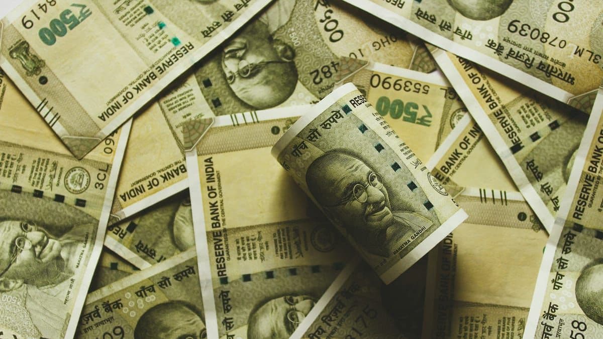 Close-up of a pile of Indian ₹500 Reserve Bank of India banknotes