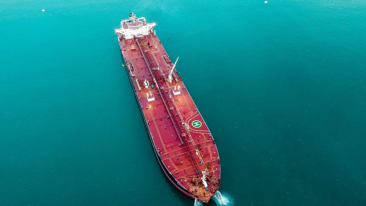Aerial view of an oil tanker ship sailing on the open sea